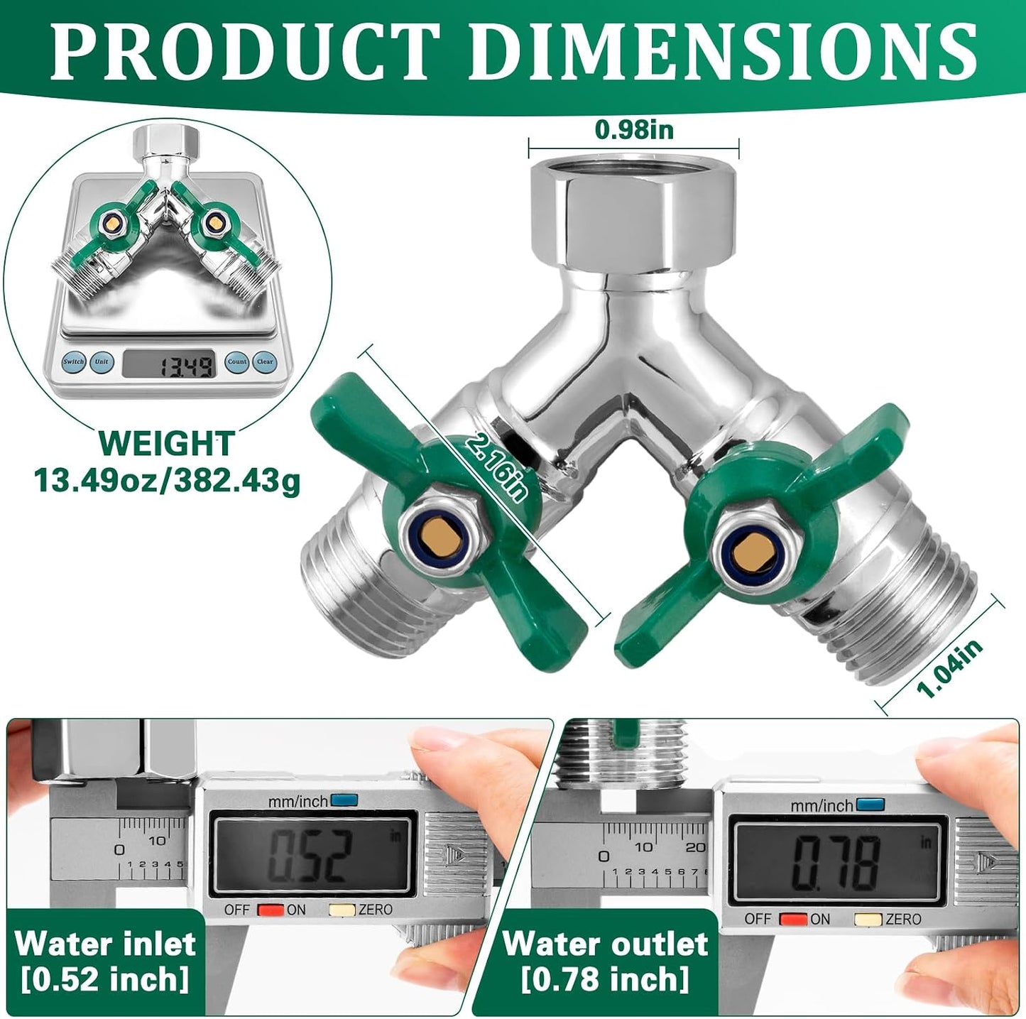 304 Stainless Steel Garden Hose Splitter 2 Way Heavy Duty Water Hose Splitter 3/4" GHT Hose Y Splitter with Shutoff Full Flow Outdoor Faucet Splitter With Wrench