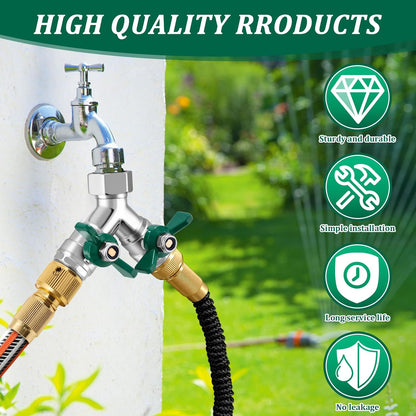 304 Stainless Steel Garden Hose Splitter 2 Way Heavy Duty Water Hose Splitter 3/4" GHT Hose Y Splitter with Shutoff Full Flow Outdoor Faucet Splitter With Wrench