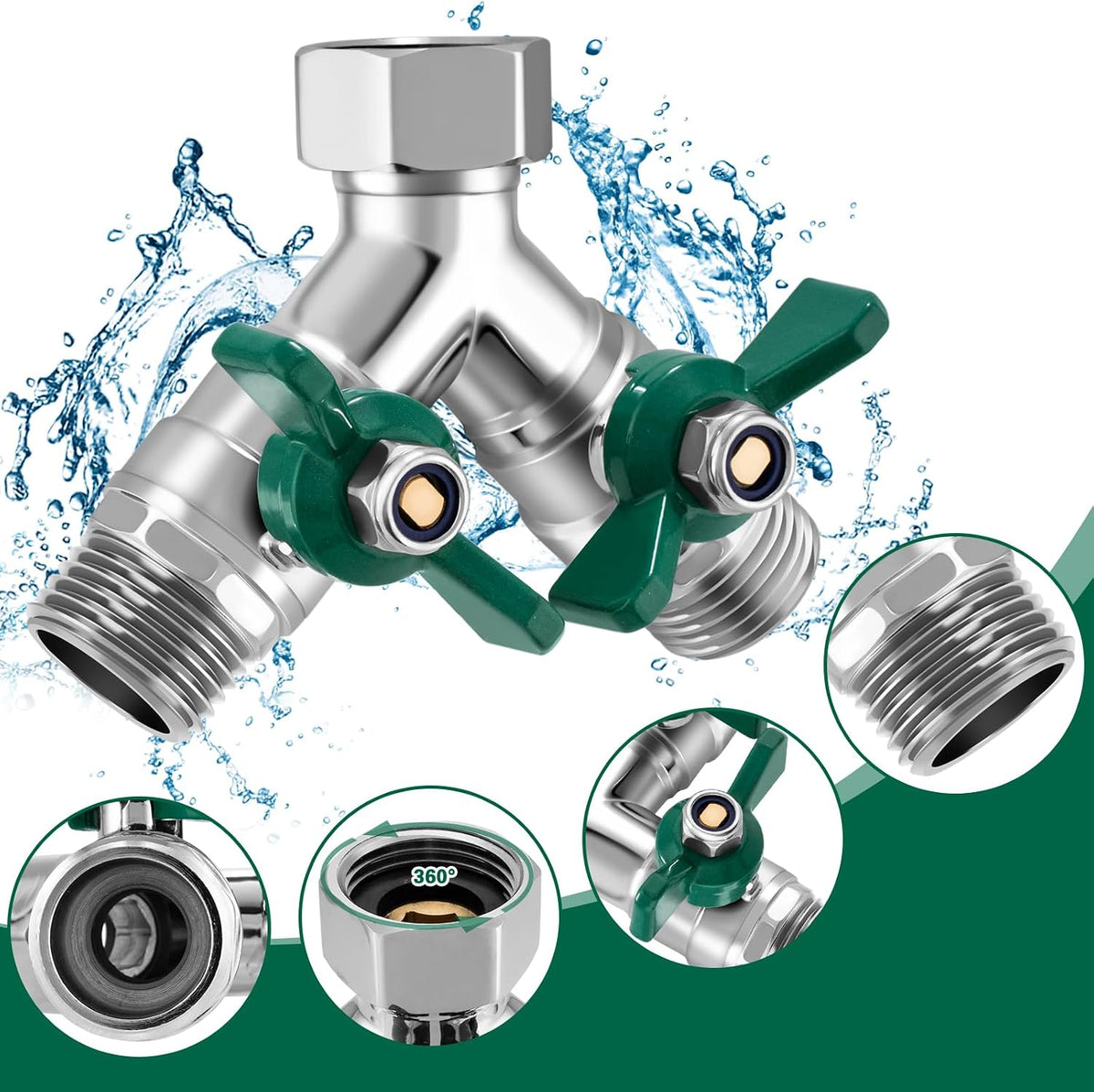 304 Stainless Steel Garden Hose Splitter 2 Way Heavy Duty Water Hose Splitter 3/4" GHT Hose Y Splitter with Shutoff Full Flow Outdoor Faucet Splitter With Wrench