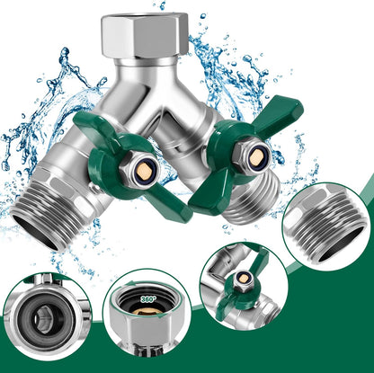 304 Stainless Steel Garden Hose Splitter 2 Way Heavy Duty Water Hose Splitter 3/4" GHT Hose Y Splitter with Shutoff Full Flow Outdoor Faucet Splitter With Wrench