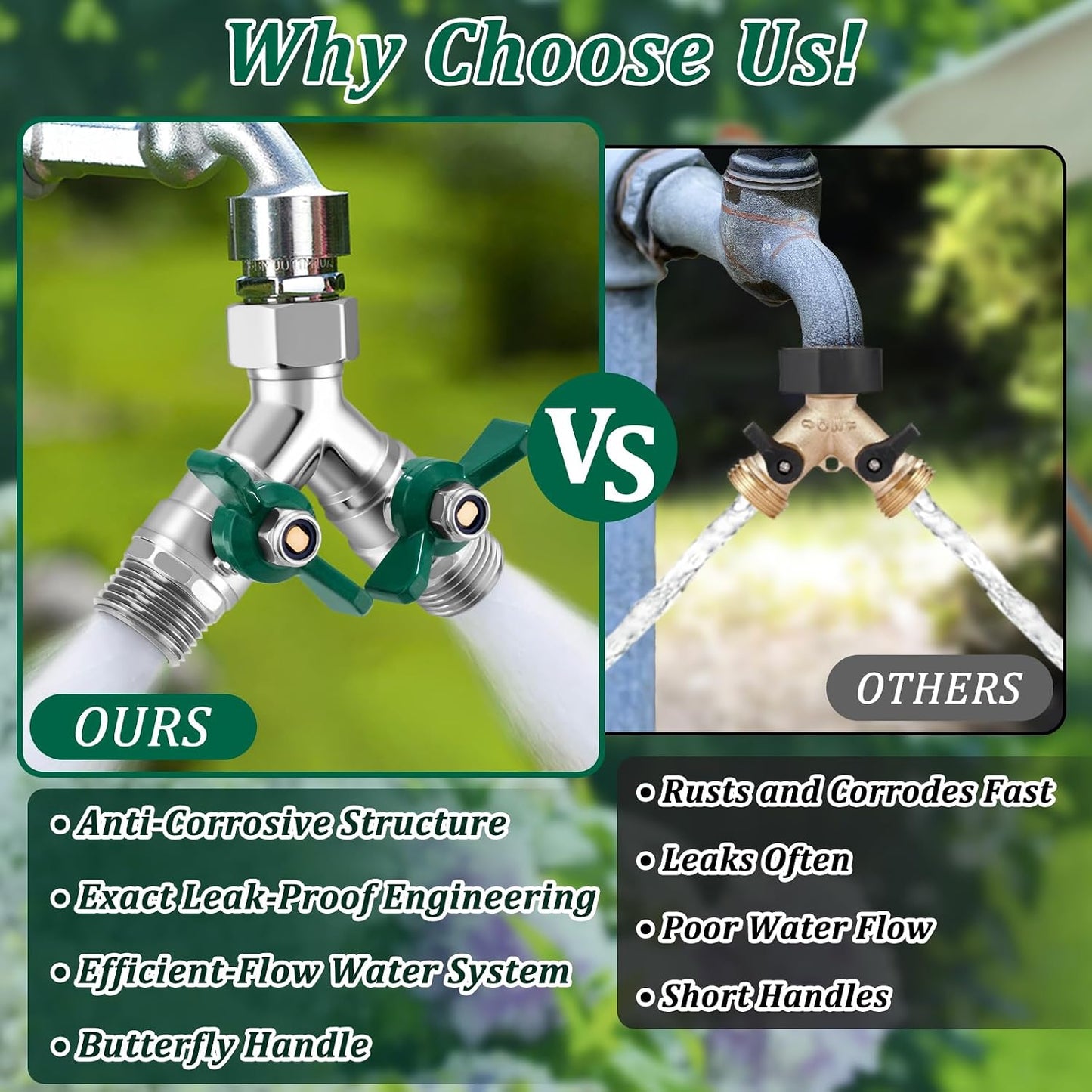304 Stainless Steel Garden Hose Splitter 2 Way Heavy Duty Water Hose Splitter 3/4" GHT Hose Y Splitter with Shutoff Full Flow Outdoor Faucet Splitter With Wrench