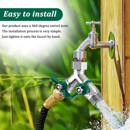 304 Stainless Steel Garden Hose Splitter 2 Way Heavy Duty Water Hose Splitter 3/4" GHT Hose Y Splitter with Shutoff Full Flow Outdoor Faucet Splitter With Wrench