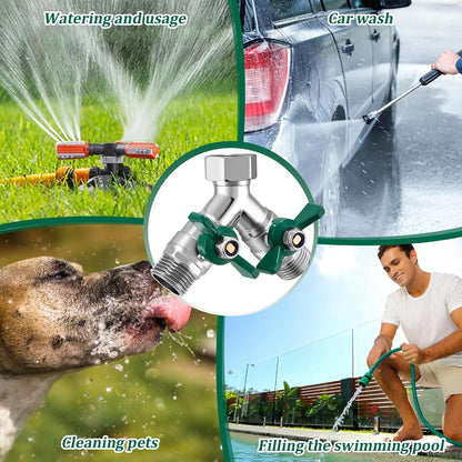 304 Stainless Steel Garden Hose Splitter 2 Way Heavy Duty Water Hose Splitter 3/4" GHT Hose Y Splitter with Shutoff Full Flow Outdoor Faucet Splitter With Wrench