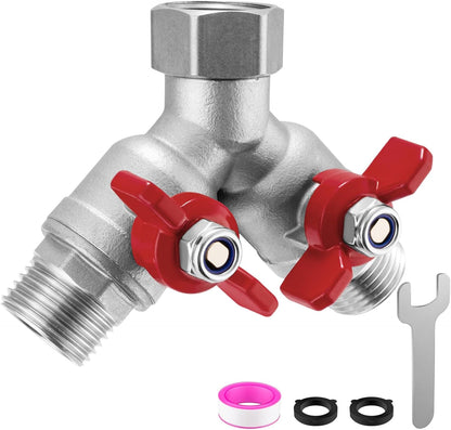 304 Stainless Steel Garden Hose Splitter 2 Way Heavy Duty Water Hose Splitter 3/4" GHT Hose Y Splitter with Shutoff Full Flow Outdoor Faucet Splitter With Wrench
