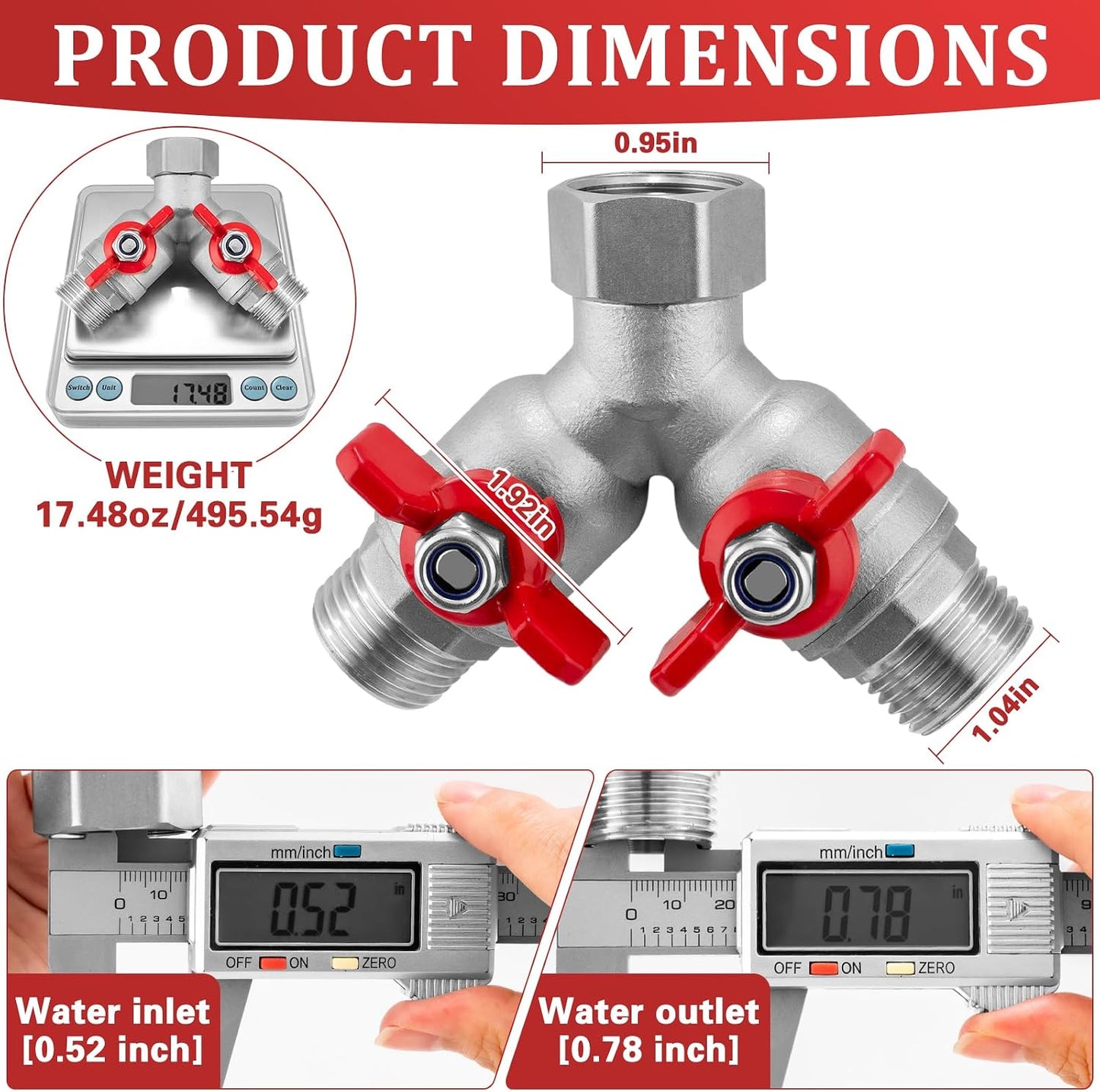 304 Stainless Steel Garden Hose Splitter 2 Way Heavy Duty Water Hose Splitter 3/4" GHT Hose Y Splitter with Shutoff Full Flow Outdoor Faucet Splitter With Wrench