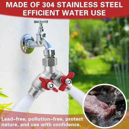 304 Stainless Steel Garden Hose Splitter 2 Way Heavy Duty Water Hose Splitter 3/4" GHT Hose Y Splitter with Shutoff Full Flow Outdoor Faucet Splitter With Wrench