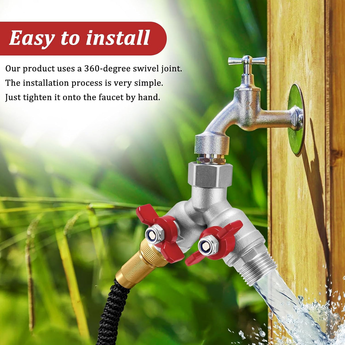 304 Stainless Steel Garden Hose Splitter 2 Way Heavy Duty Water Hose Splitter 3/4" GHT Hose Y Splitter with Shutoff Full Flow Outdoor Faucet Splitter With Wrench