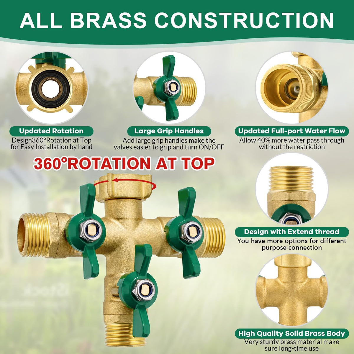 304 Stainless Steel Garden Hose Splitter 2 Way Heavy Duty Water Hose Splitter 3/4" GHT Hose Y Splitter with Shutoff Full Flow Outdoor Faucet Splitter With Wrench