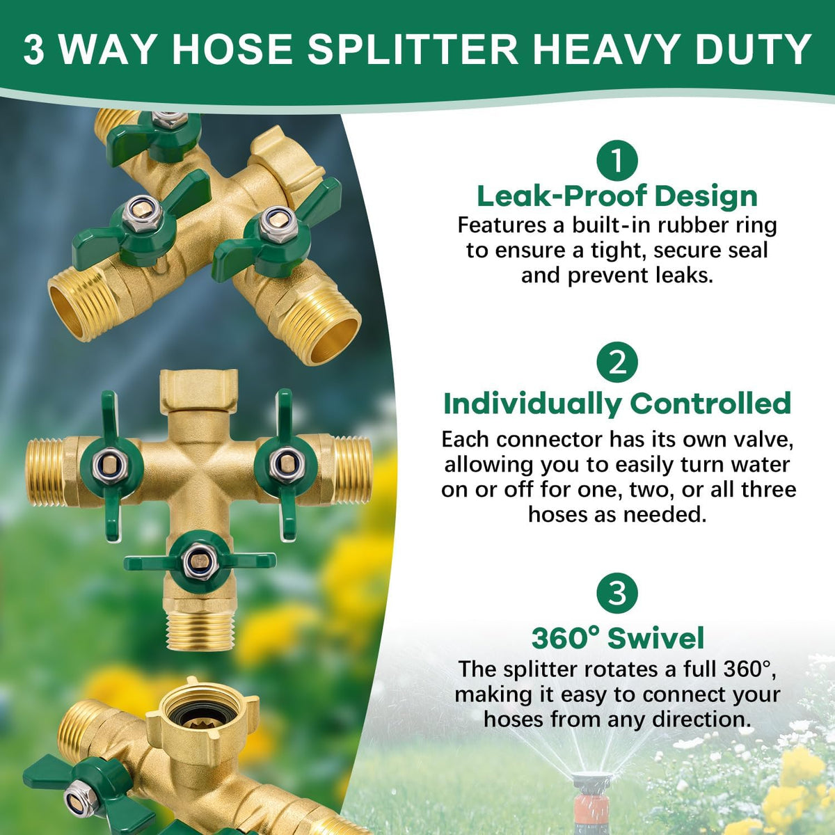 304 Stainless Steel Garden Hose Splitter 2 Way Heavy Duty Water Hose Splitter 3/4" GHT Hose Y Splitter with Shutoff Full Flow Outdoor Faucet Splitter With Wrench