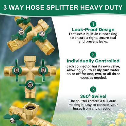 304 Stainless Steel Garden Hose Splitter 2 Way Heavy Duty Water Hose Splitter 3/4" GHT Hose Y Splitter with Shutoff Full Flow Outdoor Faucet Splitter With Wrench