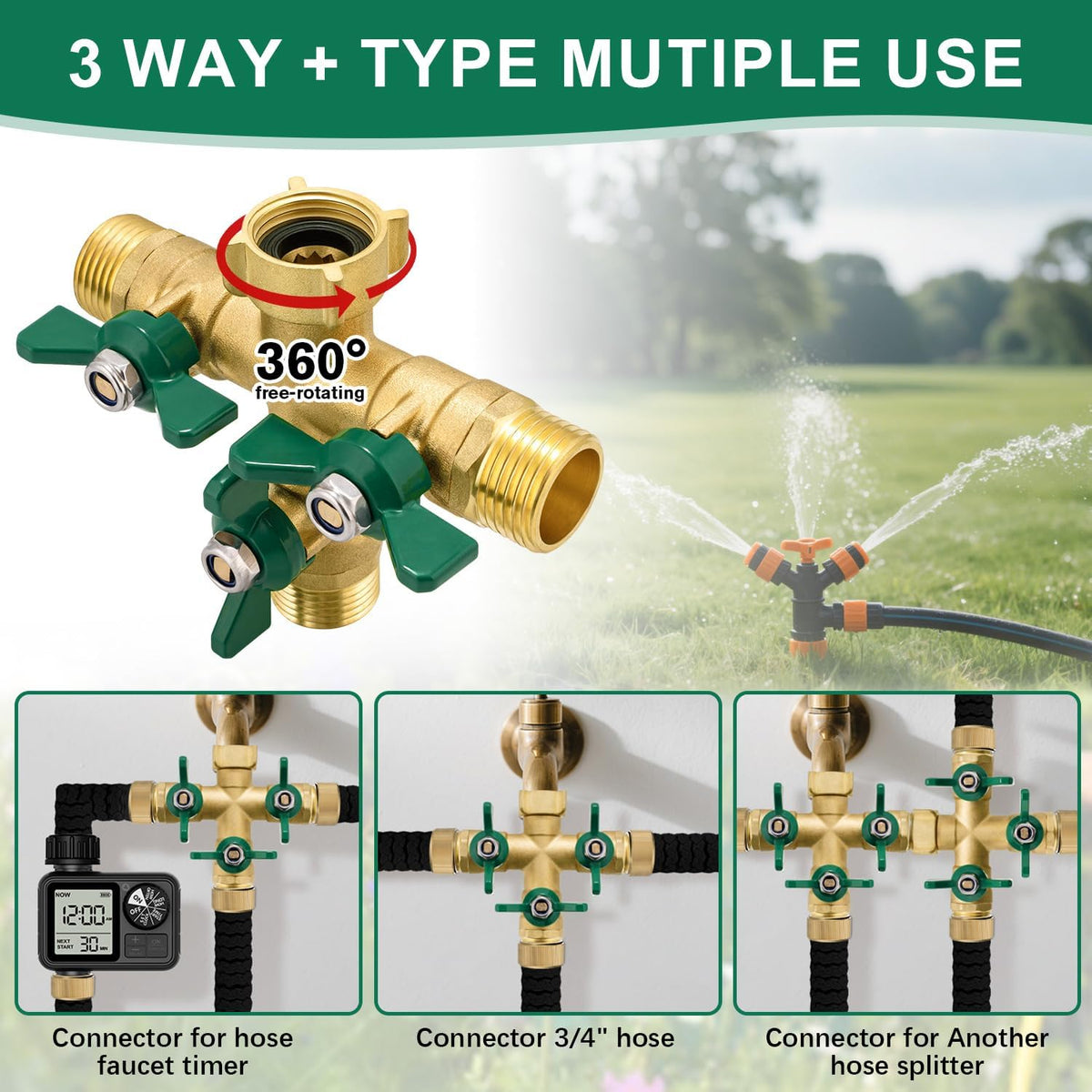 304 Stainless Steel Garden Hose Splitter 2 Way Heavy Duty Water Hose Splitter 3/4" GHT Hose Y Splitter with Shutoff Full Flow Outdoor Faucet Splitter With Wrench
