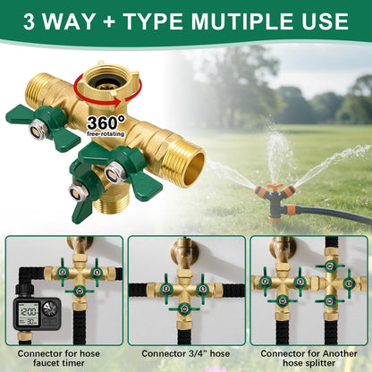 304 Stainless Steel Garden Hose Splitter 2 Way Heavy Duty Water Hose Splitter 3/4" GHT Hose Y Splitter with Shutoff Full Flow Outdoor Faucet Splitter With Wrench
