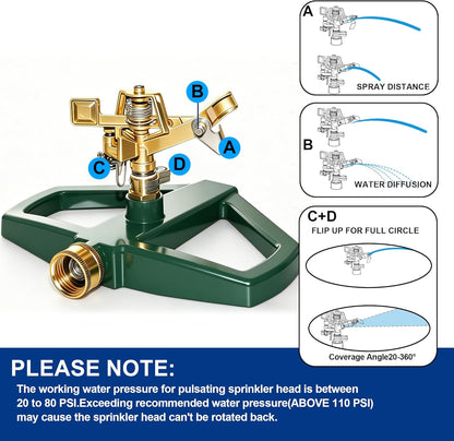 Impact Pulsating Sprinklers for Yard - Heavy Duty Lawn Sprinkler with Metal Base, Adjustable Rotating 360 Degree for Large Area Garden, Coverage up to 5,800 Sq. Ft