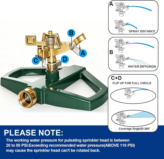 Impact Pulsating Sprinklers for Yard - Heavy Duty Lawn Sprinkler with Metal Base, Adjustable Rotating 360 Degree for Large Area Garden, Coverage up to 5,800 Sq. Ft