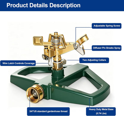 Impact Pulsating Sprinklers for Yard - Heavy Duty Lawn Sprinkler with Metal Base, Adjustable Rotating 360 Degree for Large Area Garden, Coverage up to 5,800 Sq. Ft