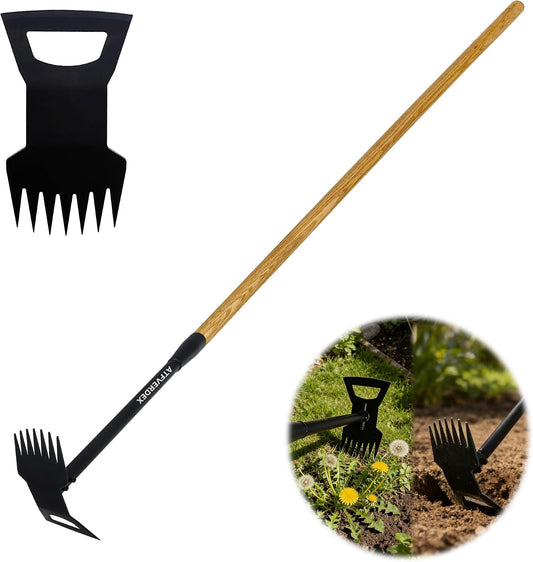60" Wood Handle Weed Puller Tool, 7-Tine Garden Hoe, Secure Fit, No Bending