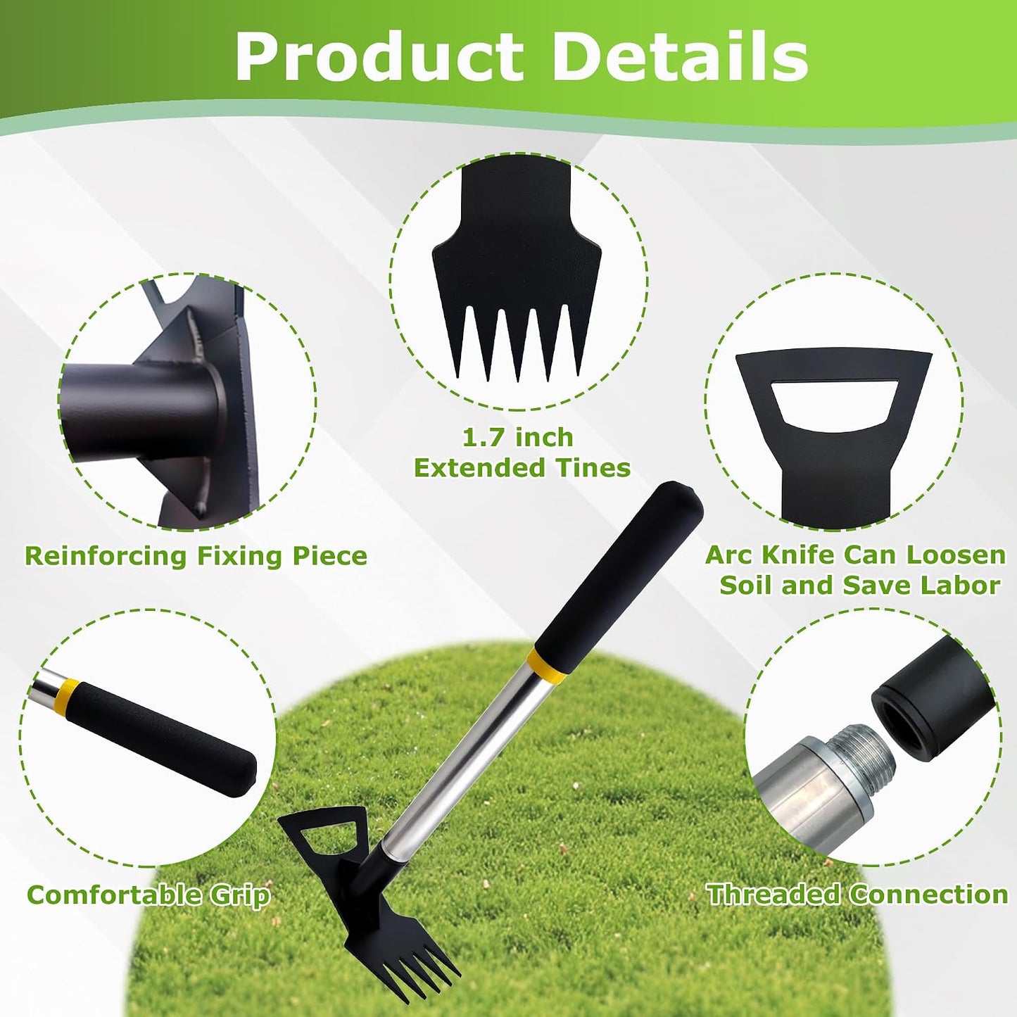 60" Wood Handle Weed Puller Tool, 7-Tine Garden Hoe, Secure Fit, No Bending