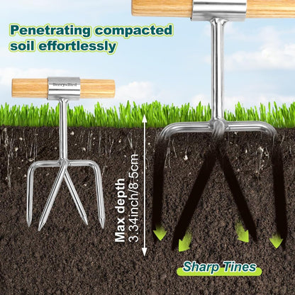 Twist Tiller, 4 Stainless Steel Tines Hand Tiller for Gardening