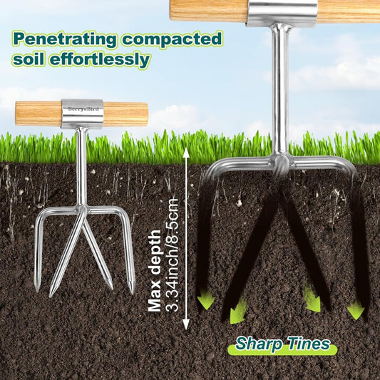 Twist Tiller, 4 Stainless Steel Tines Hand Tiller for Gardening