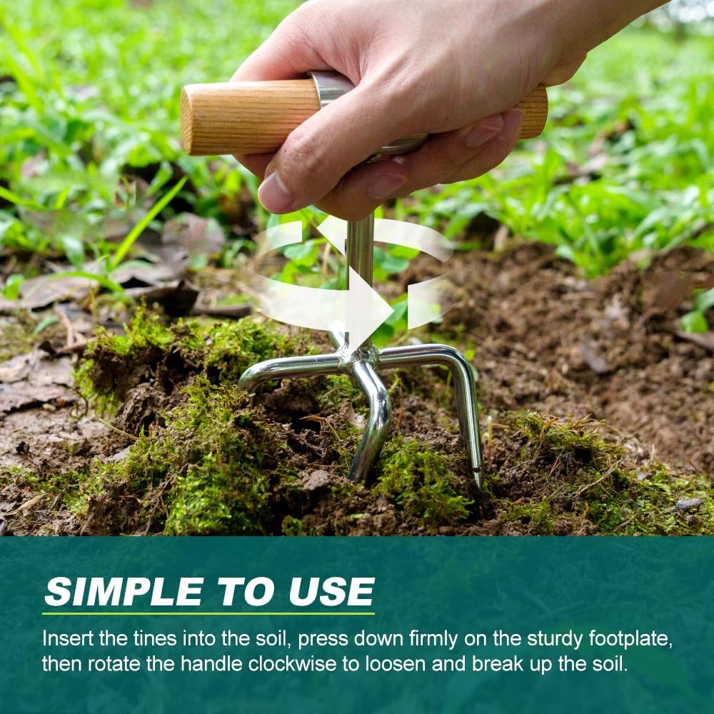 Twist Tiller, 4 Stainless Steel Tines Hand Tiller for Gardening