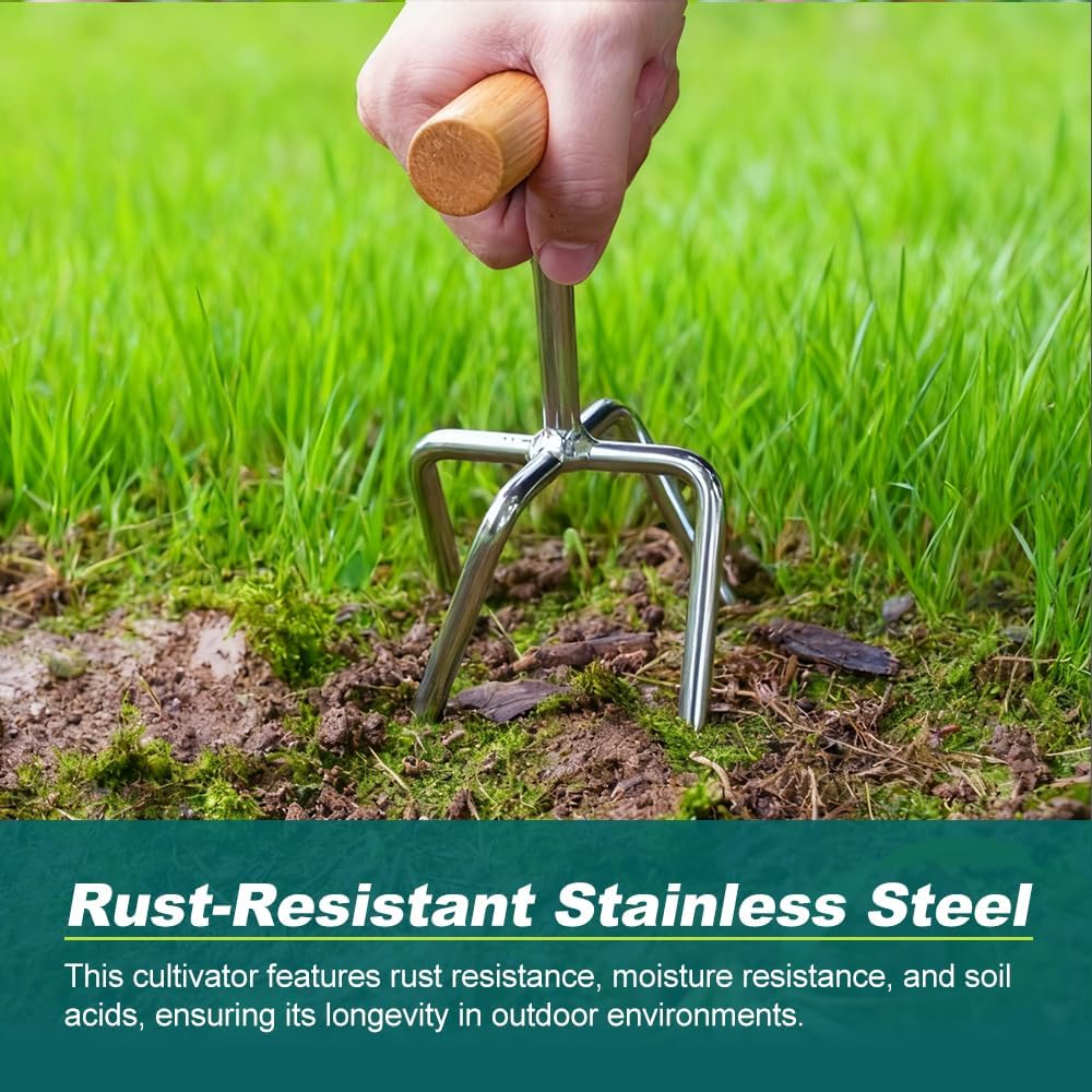 Twist Tiller, 4 Stainless Steel Tines Hand Tiller for Gardening