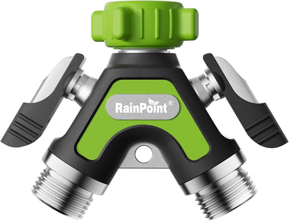 Garden Hose Splitter 2 Way, All Metal Heavy Duty Water Hose Y Splitter With 2.05" Extra Long Side Handle & Shut Off Valves, 3/4 Inch GHT Thread Connector For Outdoor Spigot Faucet (Green)