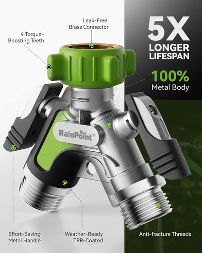 Garden Hose Splitter 2 Way, All Metal Heavy Duty Water Hose Y Splitter With 2.05" Extra Long Side Handle & Shut Off Valves, 3/4 Inch GHT Thread Connector For Outdoor Spigot Faucet (Green)