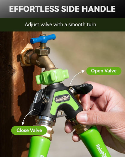 Garden Hose Splitter 2 Way, All Metal Heavy Duty Water Hose Y Splitter With 2.05" Extra Long Side Handle & Shut Off Valves, 3/4 Inch GHT Thread Connector For Outdoor Spigot Faucet (Green)