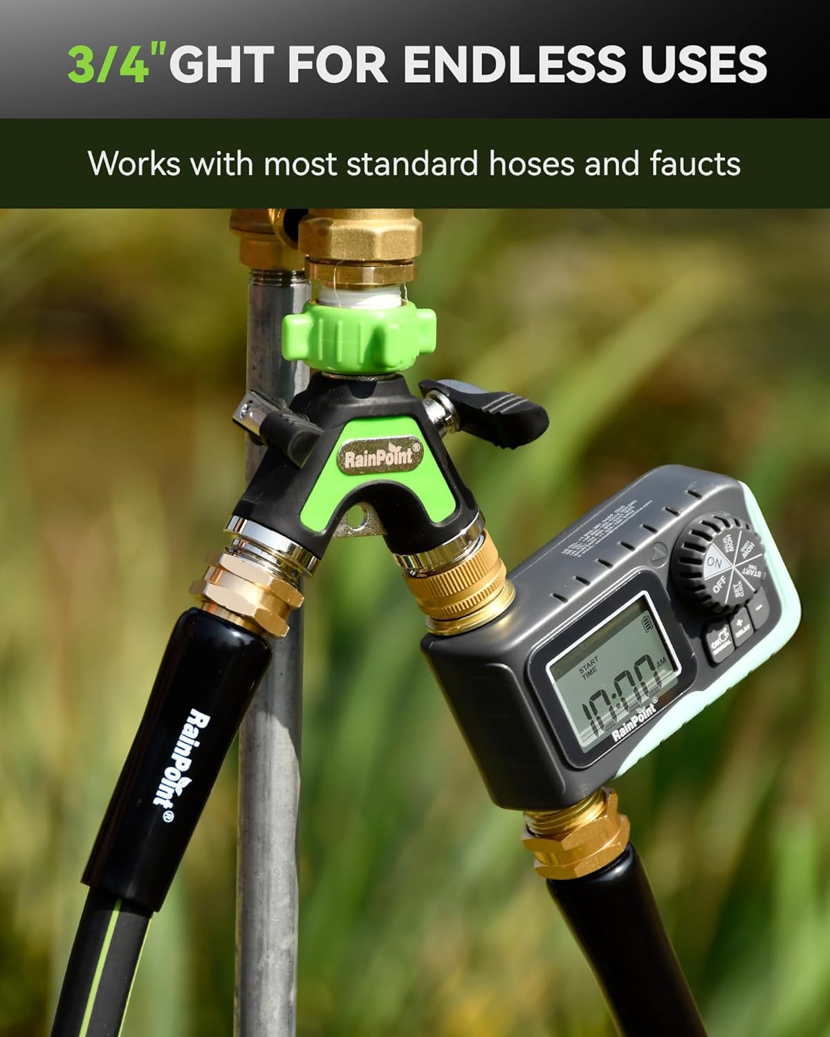 Garden Hose Splitter 2 Way, All Metal Heavy Duty Water Hose Y Splitter With 2.05" Extra Long Side Handle & Shut Off Valves, 3/4 Inch GHT Thread Connector For Outdoor Spigot Faucet (Green)