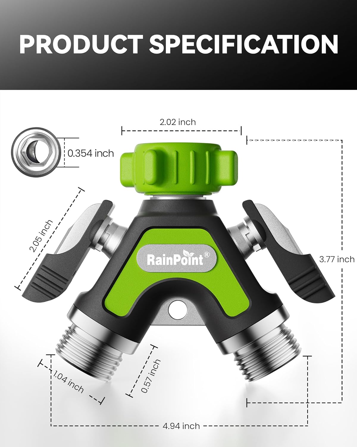 Garden Hose Splitter 2 Way, All Metal Heavy Duty Water Hose Y Splitter With 2.05" Extra Long Side Handle & Shut Off Valves, 3/4 Inch GHT Thread Connector For Outdoor Spigot Faucet (Green)