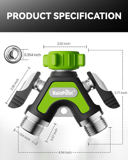 Garden Hose Splitter 2 Way, All Metal Heavy Duty Water Hose Y Splitter With 2.05" Extra Long Side Handle & Shut Off Valves, 3/4 Inch GHT Thread Connector For Outdoor Spigot Faucet (Green)