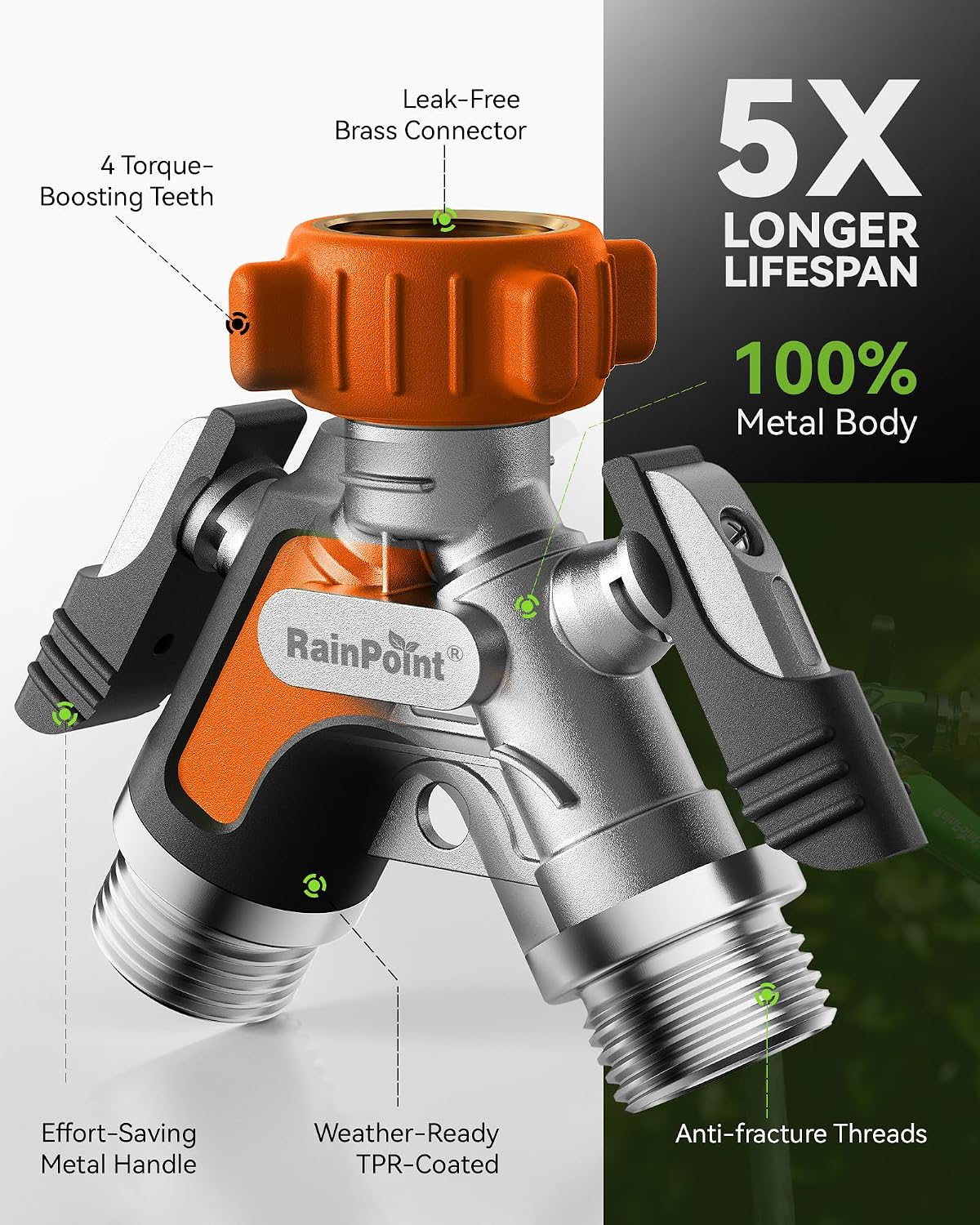 Garden Hose Splitter 2 Way, All Metal Heavy Duty Water Hose Y Splitter With 2.05" Extra Long Side Handle & Shut Off Valves, 3/4 Inch GHT Thread Connector For Outdoor Spigot Faucet (Green)