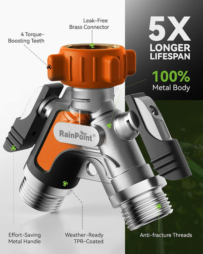 Garden Hose Splitter 2 Way, All Metal Heavy Duty Water Hose Y Splitter With 2.05" Extra Long Side Handle & Shut Off Valves, 3/4 Inch GHT Thread Connector For Outdoor Spigot Faucet (Green)