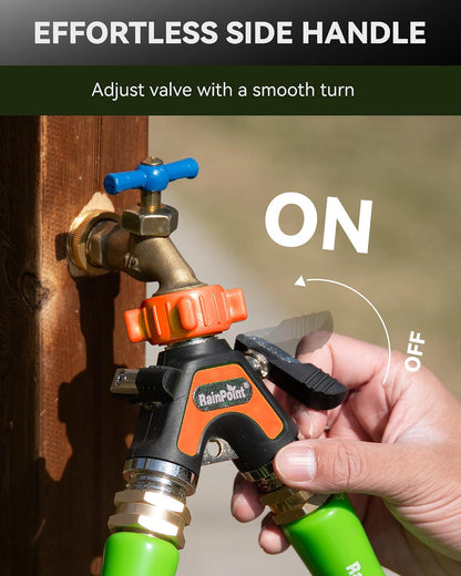 Garden Hose Splitter 2 Way, All Metal Heavy Duty Water Hose Y Splitter With 2.05" Extra Long Side Handle & Shut Off Valves, 3/4 Inch GHT Thread Connector For Outdoor Spigot Faucet (Green)