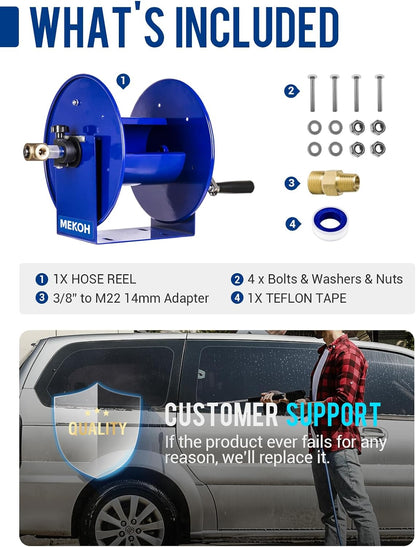 Pressure Washer Hose Reel 150FTx3/8”, 300FTx1/4” Manual Power Washer Hose Reel with M22 14mm Fitting,4500PSI Heavy Duty Hose Reel for Water,High Pressure Metal Reel with Wall/Van/Trailer Mount