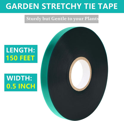 Garden Stretch Tie Tape 1" Wide 150 Feet Non-Sticky Reusable Stretchy Garden Plant Ties Thick Sturdy Stretchable Plant Tape Green Vinyl Stake Ribbon for Tomatoes, Grapes, Flowers and Trees