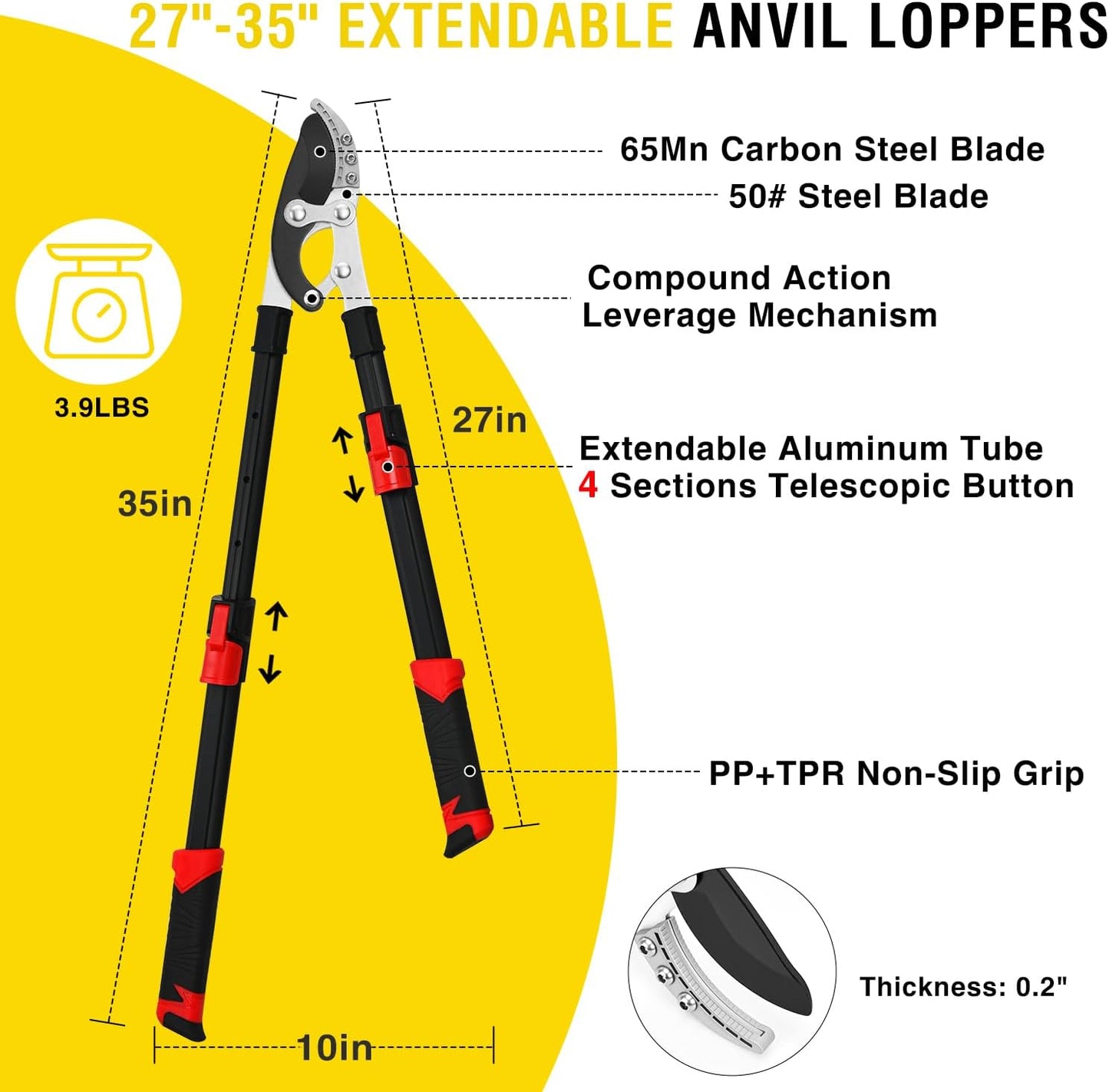 27-35" Extendable Loppers for Tree Trimming Heavy Duty Tree Trimmer Bypass Loppers with Compound Action Sharp Anvil Blade up to 2 Inch Cut Capacity Branch Cutter Chops Thick Branches Ease