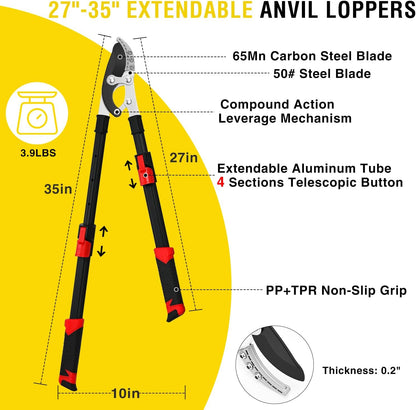 27-35" Extendable Loppers for Tree Trimming Heavy Duty Tree Trimmer Bypass Loppers with Compound Action Sharp Anvil Blade up to 2 Inch Cut Capacity Branch Cutter Chops Thick Branches Ease