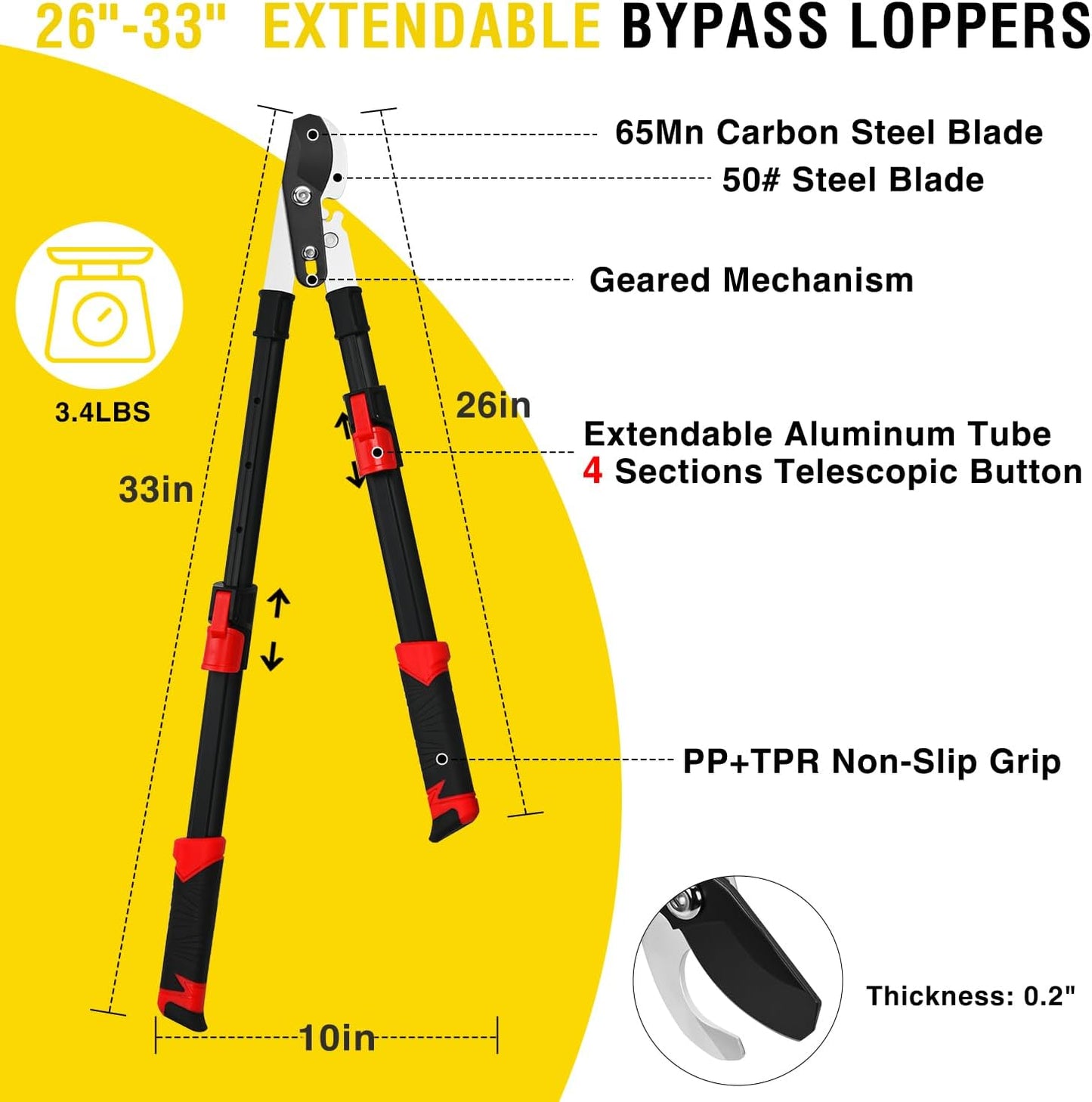 27-35" Extendable Loppers for Tree Trimming Heavy Duty Tree Trimmer Bypass Loppers with Compound Action Sharp Anvil Blade up to 2 Inch Cut Capacity Branch Cutter Chops Thick Branches Ease