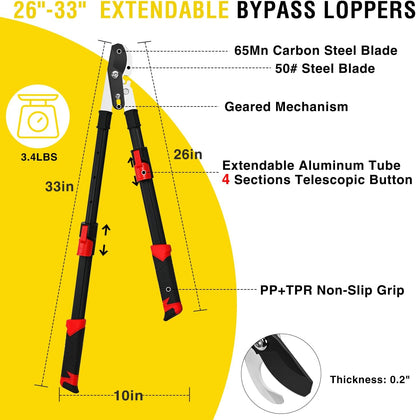 27-35" Extendable Loppers for Tree Trimming Heavy Duty Tree Trimmer Bypass Loppers with Compound Action Sharp Anvil Blade up to 2 Inch Cut Capacity Branch Cutter Chops Thick Branches Ease