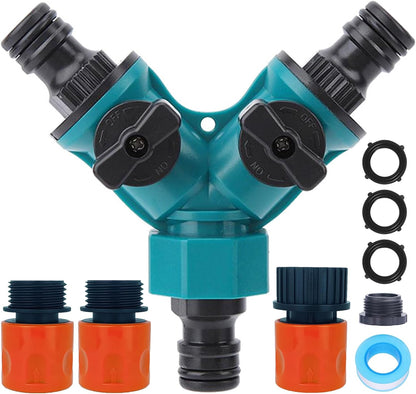 Garden Hose Splitter 2 Way, Y Water Tap Splitter with ON-OFF Valves, 3 Way Hose Connector, PTFE Tape, 3pcs Rubber Washers, 1pc Female + 2pcs Male 3/4 Inch Hose End Quick Connectors