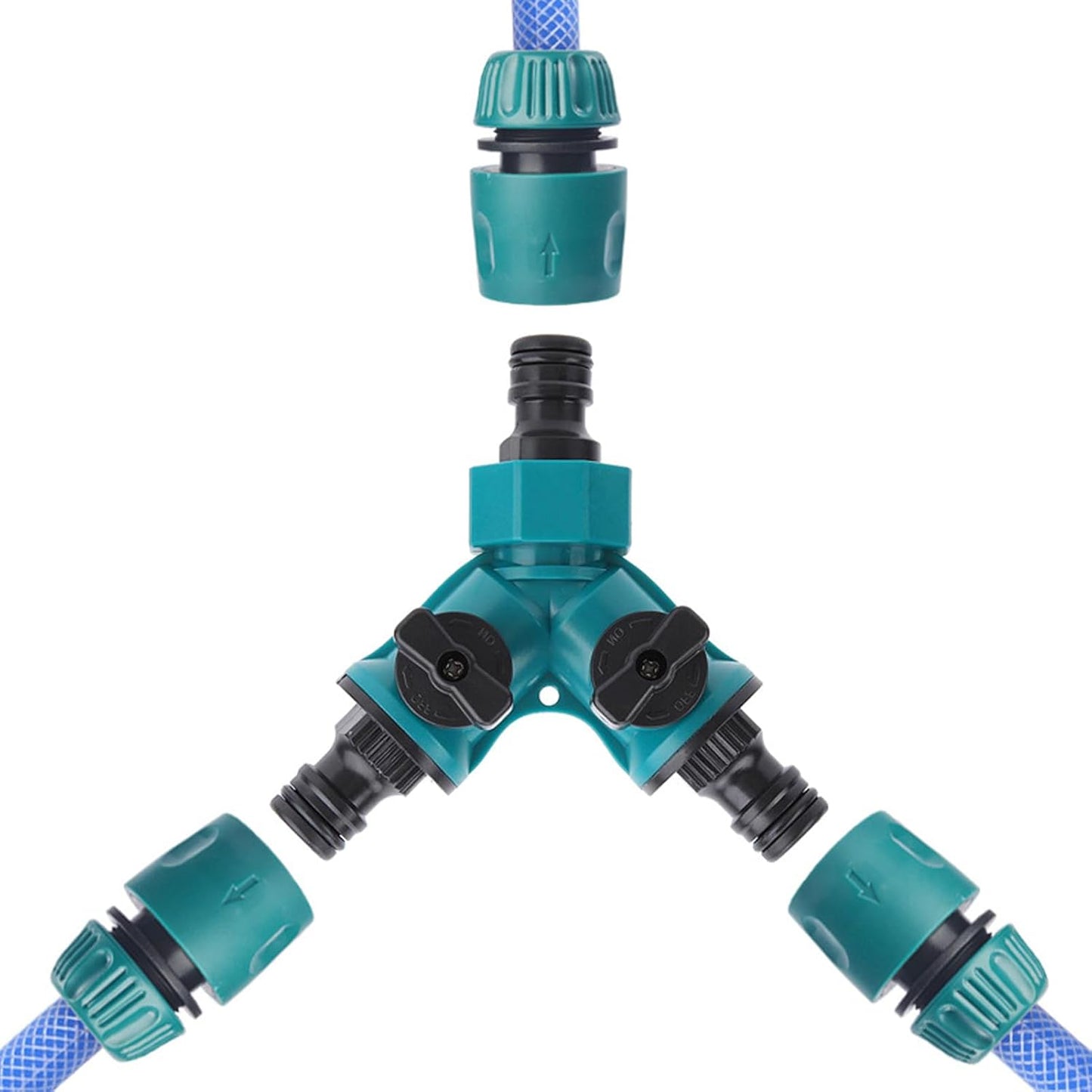 Garden Hose Splitter 2 Way, Y Water Tap Splitter with ON-OFF Valves, 3 Way Hose Connector, PTFE Tape, 3pcs Rubber Washers, 1pc Female + 2pcs Male 3/4 Inch Hose End Quick Connectors