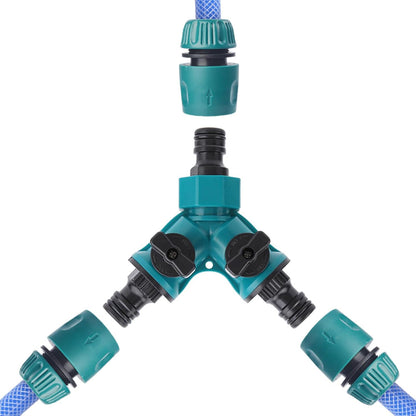 Garden Hose Splitter 2 Way, Y Water Tap Splitter with ON-OFF Valves, 3 Way Hose Connector, PTFE Tape, 3pcs Rubber Washers, 1pc Female + 2pcs Male 3/4 Inch Hose End Quick Connectors
