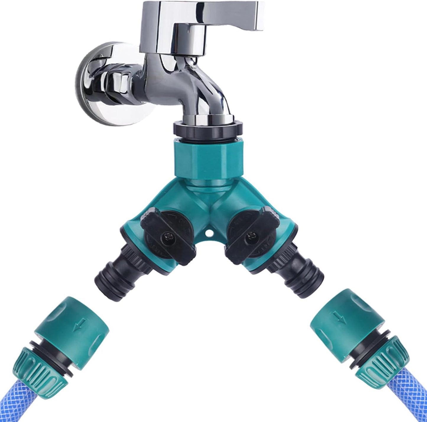 Garden Hose Splitter 2 Way, Y Water Tap Splitter with ON-OFF Valves, 3 Way Hose Connector, PTFE Tape, 3pcs Rubber Washers, 1pc Female + 2pcs Male 3/4 Inch Hose End Quick Connectors