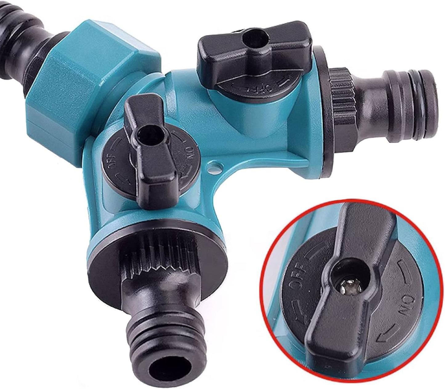 Garden Hose Splitter 2 Way, Y Water Tap Splitter with ON-OFF Valves, 3 Way Hose Connector, PTFE Tape, 3pcs Rubber Washers, 1pc Female + 2pcs Male 3/4 Inch Hose End Quick Connectors