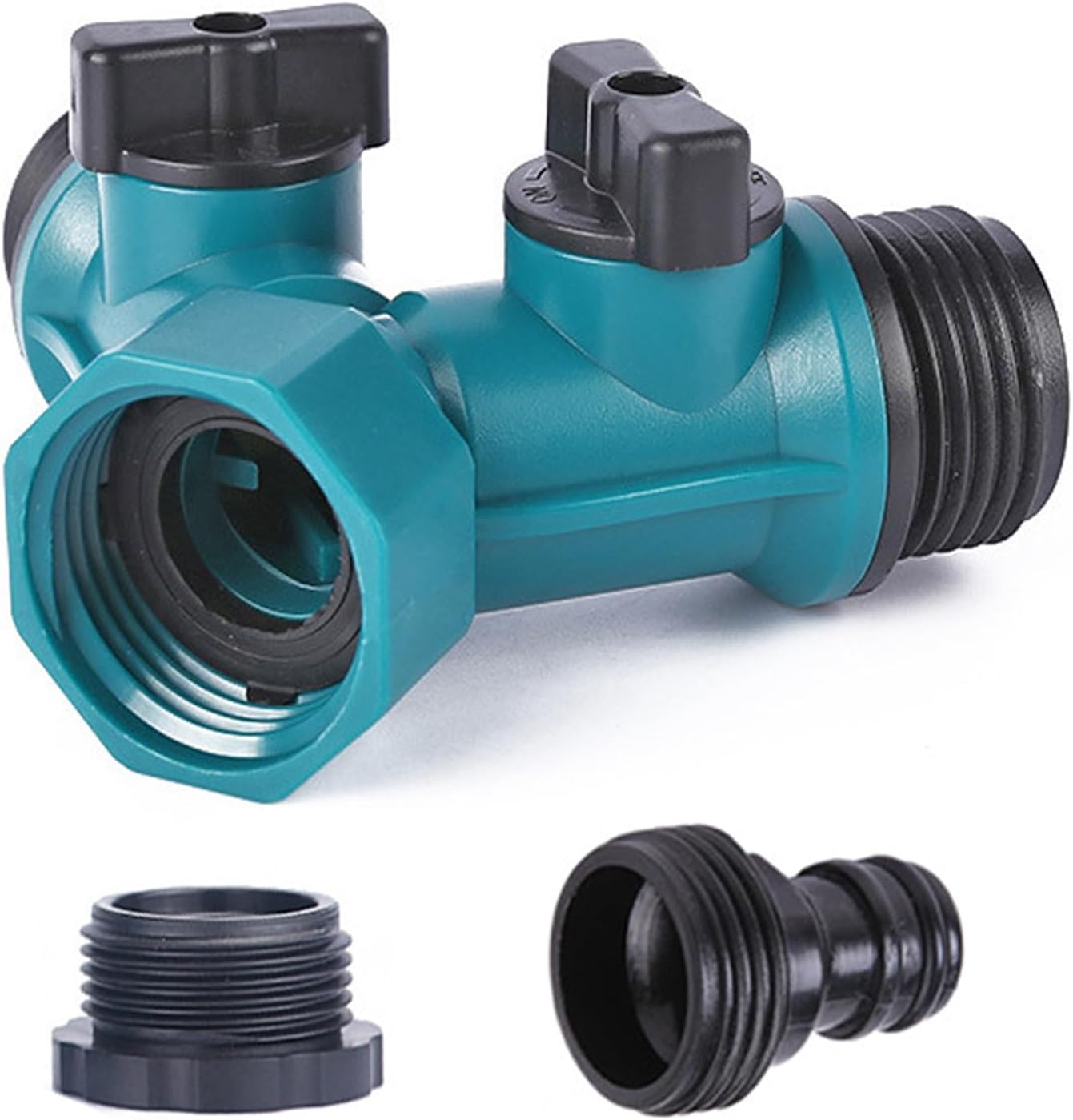Garden Hose Splitter 2 Way, Y Water Tap Splitter with ON-OFF Valves, 3 Way Hose Connector, PTFE Tape, 3pcs Rubber Washers, 1pc Female + 2pcs Male 3/4 Inch Hose End Quick Connectors