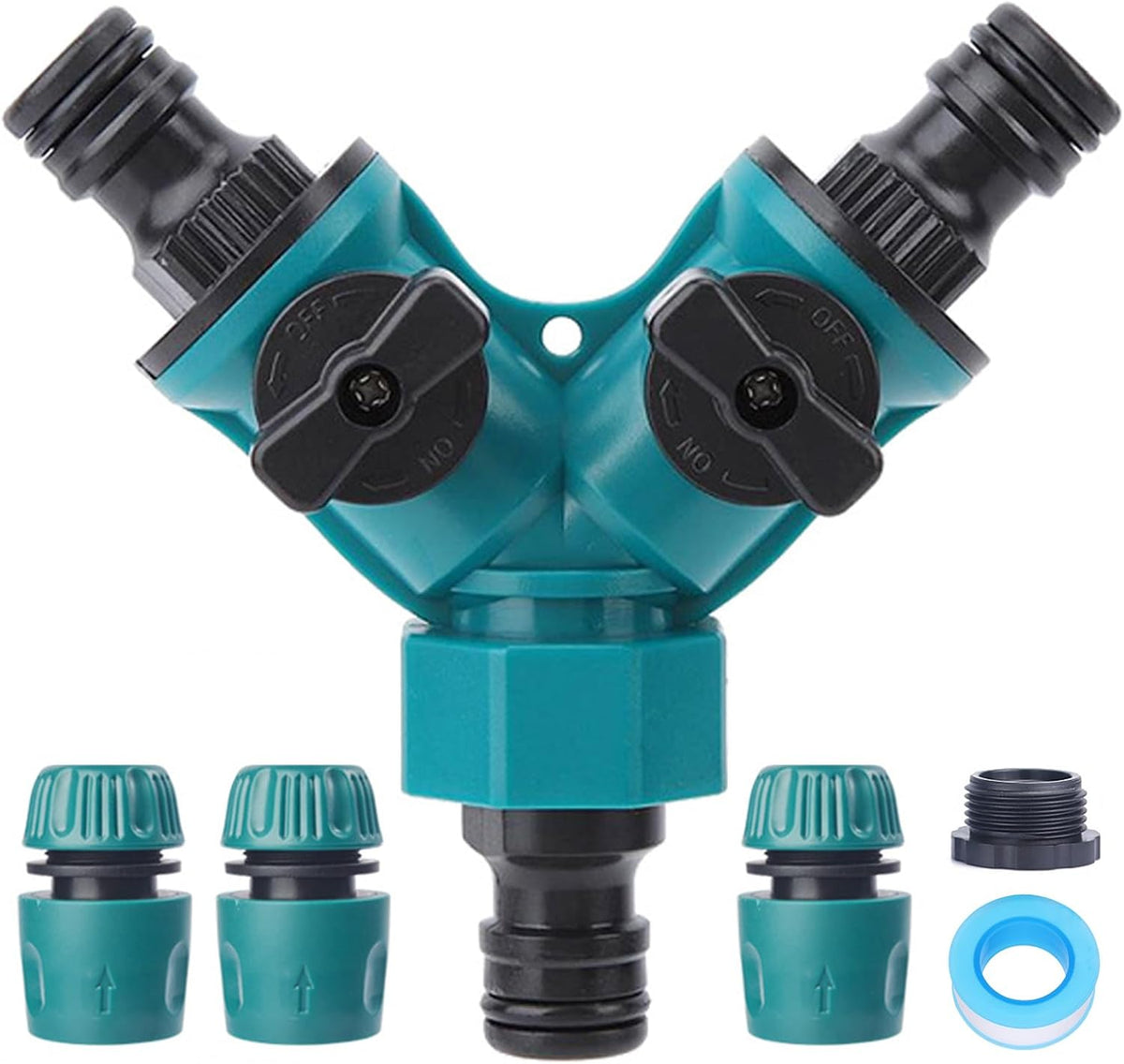 Garden Hose Splitter 2 Way, Y Water Tap Splitter with ON-OFF Valves, 3 Way Hose Connector, PTFE Tape, 3pcs Rubber Washers, 1pc Female + 2pcs Male 3/4 Inch Hose End Quick Connectors