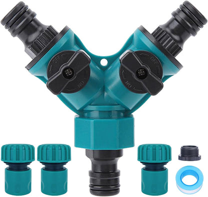 Garden Hose Splitter 2 Way, Y Water Tap Splitter with ON-OFF Valves, 3 Way Hose Connector, PTFE Tape, 3pcs Rubber Washers, 1pc Female + 2pcs Male 3/4 Inch Hose End Quick Connectors