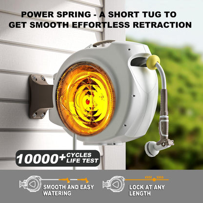 Retractable Garden Hose Reel, 5/8 in 100+6 ft, Heavy Duty Wall Mounted Water Hose Reel, Spring Power Automatic Rewind, Any Length Lock, 180° Swivel Bracket, 10 Pattern Spray Nozzle