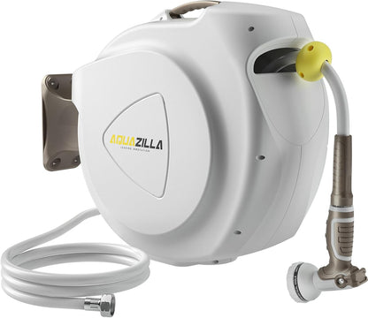 Retractable Garden Hose Reel, 5/8 in 100+6 ft, Heavy Duty Wall Mounted Water Hose Reel, Spring Power Automatic Rewind, Any Length Lock, 180° Swivel Bracket, 10 Pattern Spray Nozzle
